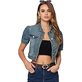 Allegra K Women's Casual Denim Jackets Button-Down Puff Sleeve Jean Crop Jacket