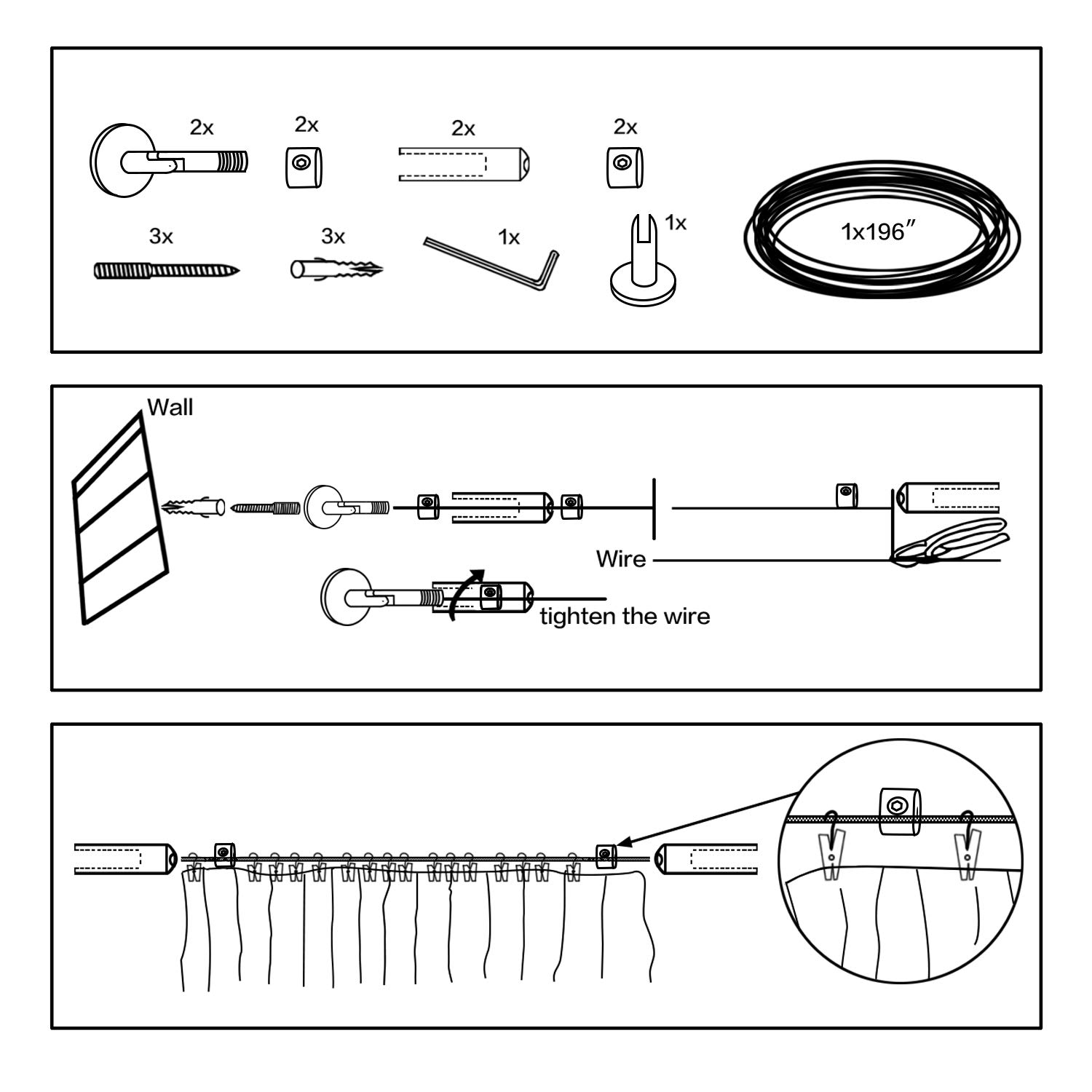 Curtain Wire Rod Set Stainless Steel With 24 Clips Multi Purpose 5