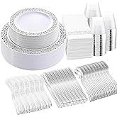 WELLIFE 350pcs Silver Party Dinnerware Set for 50 Guests, Silver Wedding Plates Disposable Heavy Duty, Including :50 Dinner Plates, 50 Dessert Plates, 50 Cups, 50 Napkins, 50 Sliver Silverware Set