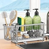 Liuoud Sponge Holder for Kitchen Sink, 2 Tier Sink Caddy Organizer Countertop with Dish Brush Holder and 360° Drain Tray, Rustproof Stainless Steel Dish Soap Storage Rack Set for Accessories Silver