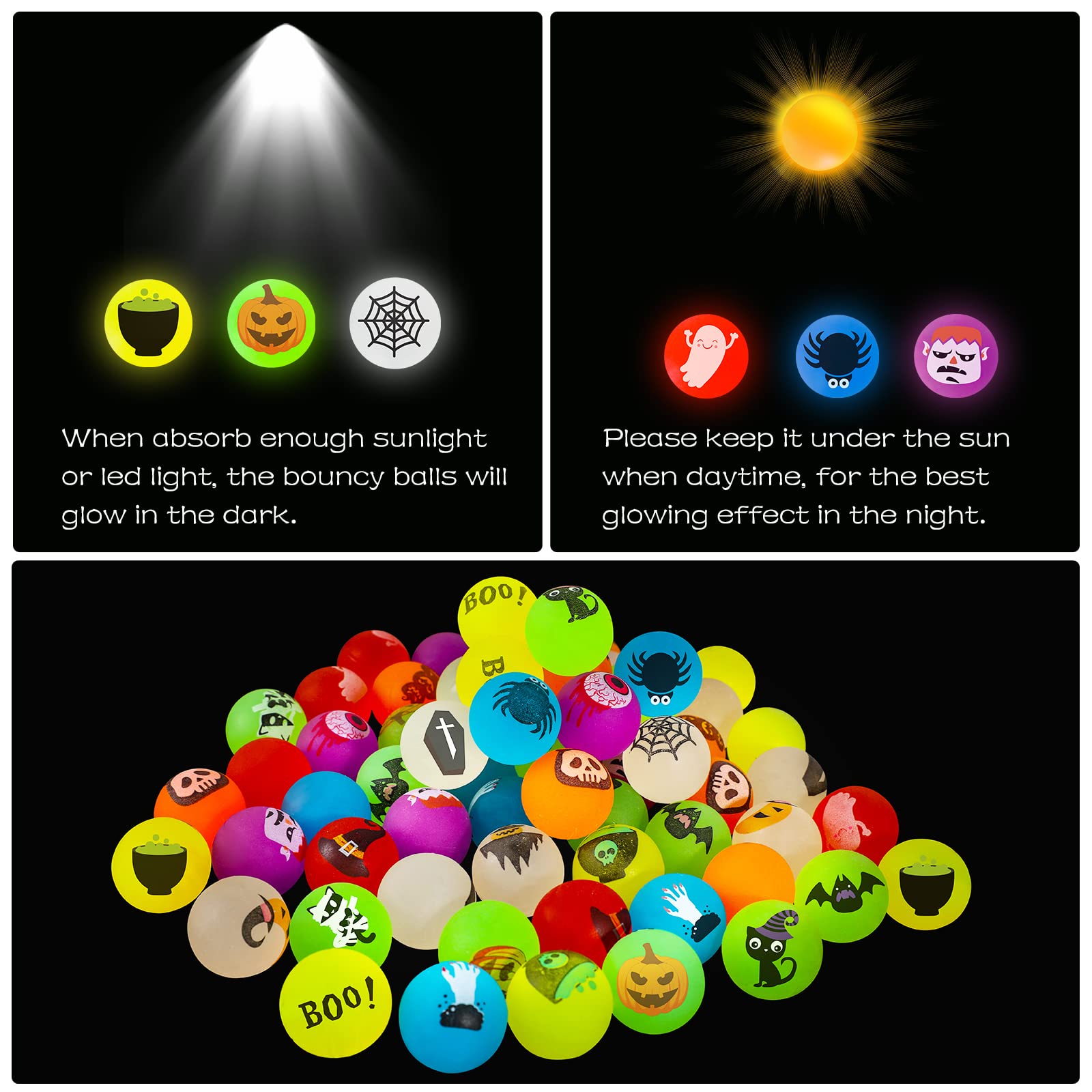 MGparty 90 PCS Halloween Glow in The Dark Bouncy Balls 18 Theme Designs Bouncing Balls for Kids Girls Boys Halloween Party Favors Supplies Trick or Treating Goodies Bag Gifts Fillers