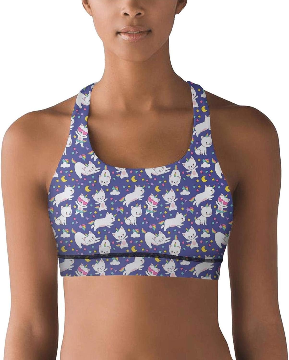 Cute Cat Unicorn Starry Sky Blue Women Printed Racerback Sports Bras