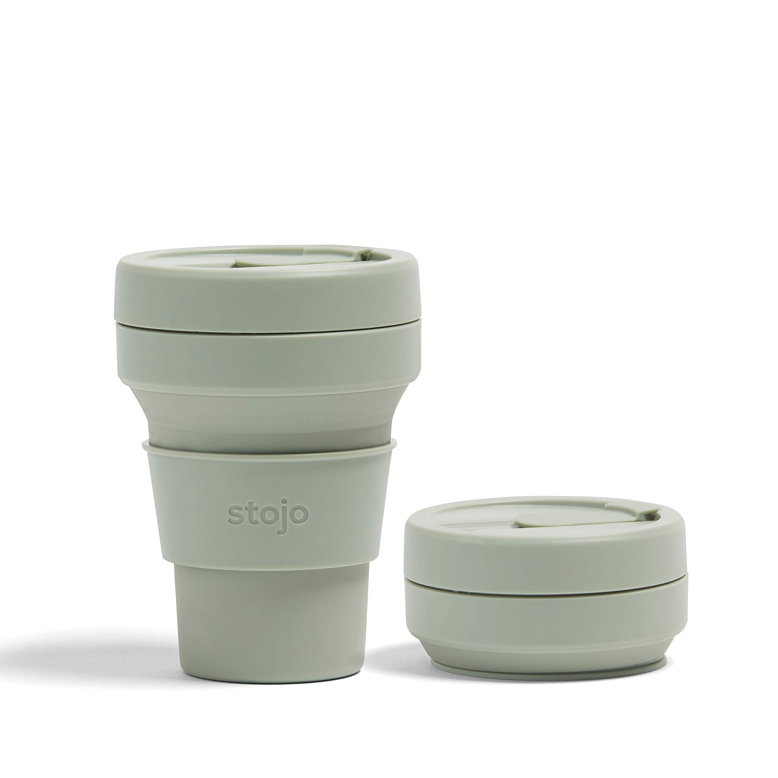 STOJO On-The-Go Collapsible Coffee Cup - 12oz / 355ml - Reusable & Foldable Silicone Travel Mug with Lid - Portable, Pocket Size - Dishwasher Safe - Sage