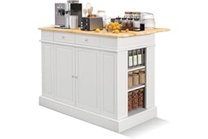 SILKYDRY Kitchen Island with Drop Leaf, Rubber Wood Top Breakfast Bar, Storage Cabinet with 2 Drawers, Adjustable Shelves, Spice Racks, Stationary Island Table for Dining Room, White