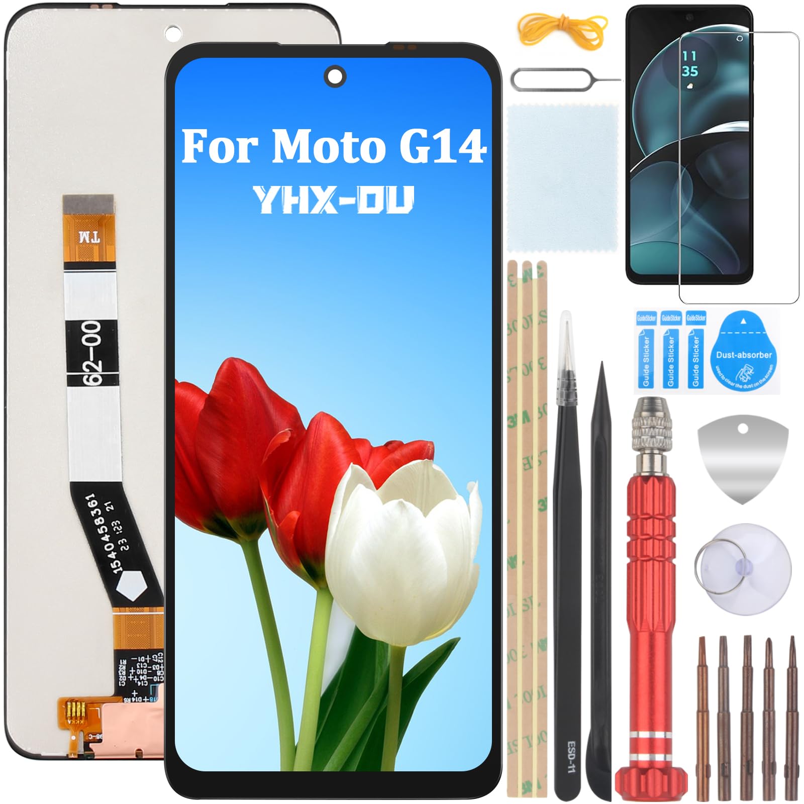 YHX-OU 6.5 Inch Black Display for Motorola Moto G14 LCD Display Touchscreen Screen Digitizer Assembly Glass with Tool + 1 x Screen Protector