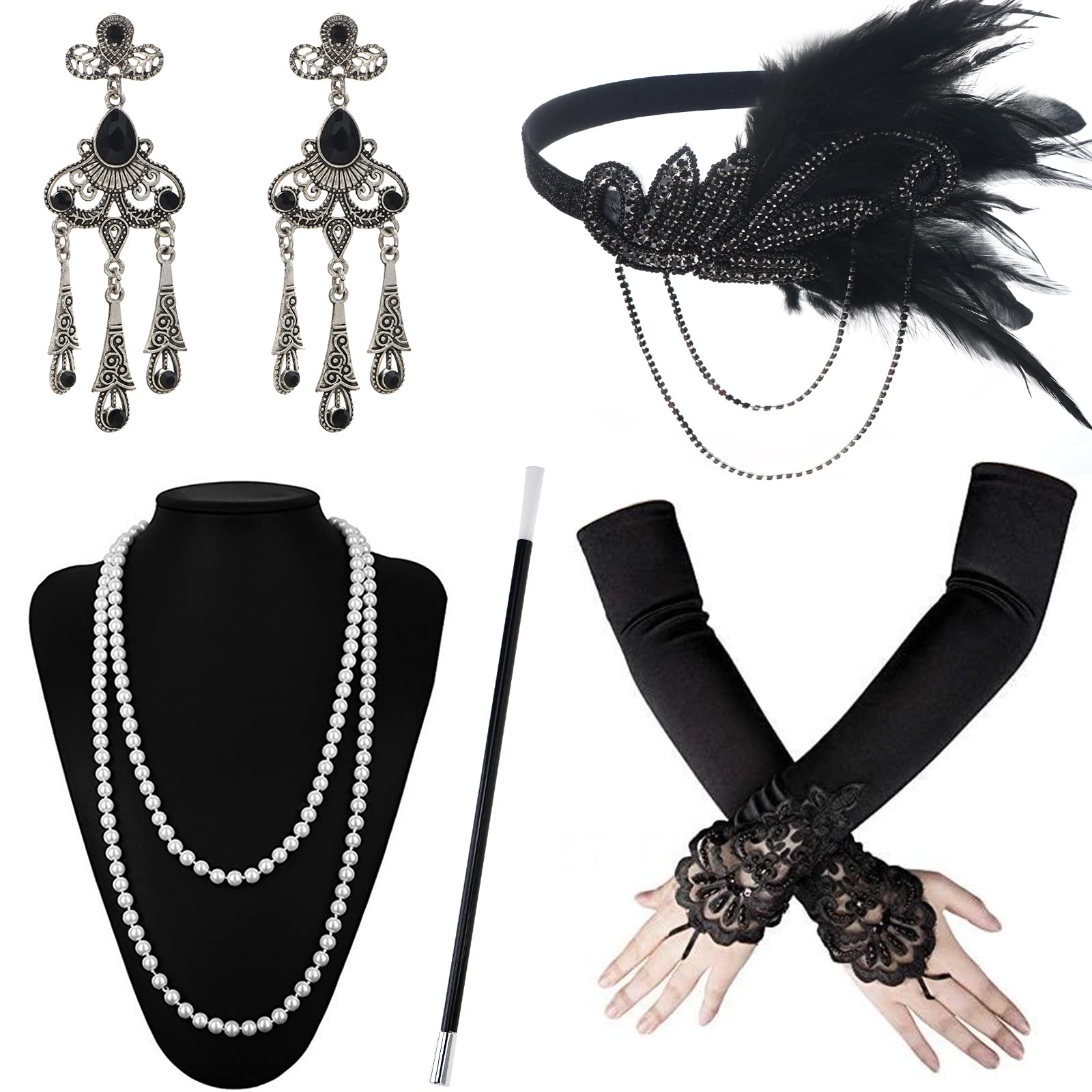 KharmLaddy 5 Pieces 1920s Accessories Set Flapper Costume for Roaring 20s Party Prom Accessories Black C