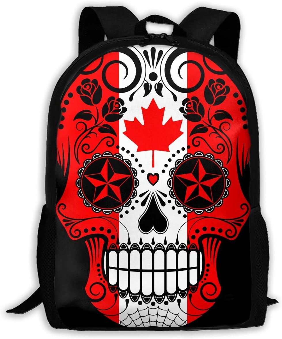 JKOVE Canadian Flag Sugar Skull Backpack Laptop Bags Shoulder Bag College Daypack Backpacks for Unisex