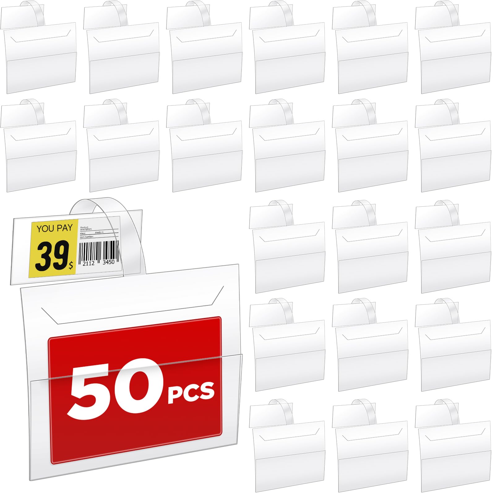 Photo 1 of Gilprop 50 Pcs Wobbler Shelf Label Holder Shelf Edge Price Channel Sign Holder Price Tag Holder PVC Shelf Talker Sign Holder 3.5" x 5" Signs and 3" x 1.25" Price Tags for Store Retailing Display