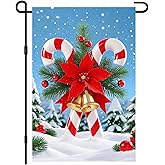 IVN Christmas Garden Flag 12x18 Inch Candy Cane with Red Poinsettia Gold Bells Pine Branches and Snowy Background Flag Double Sided Outdoor Yard Banner for Porch Lawn Patio Decor Holiday Winter