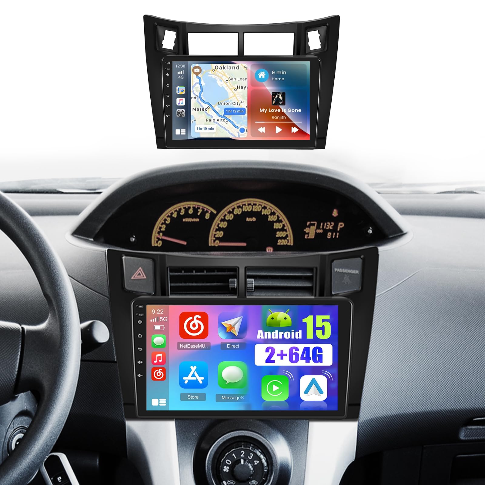 4Core+64G Android 15 Car Radio for Toyota Yaris 2008-2011 Wireless Caplay Android Auto, 9’’ Touchscreen Stereo GPS WiFi Bluetooth FM RDS Mirror Link RCA USB SWC Backup Camera