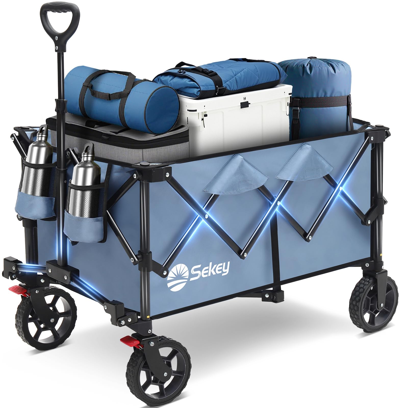 Sekey Collapsible Foldable Wagon with 330lbs Weight Capacity, Heavy Duty Folding Wagon Cart with Big All-Terrain Wheels & Drink Holders. Blue Image