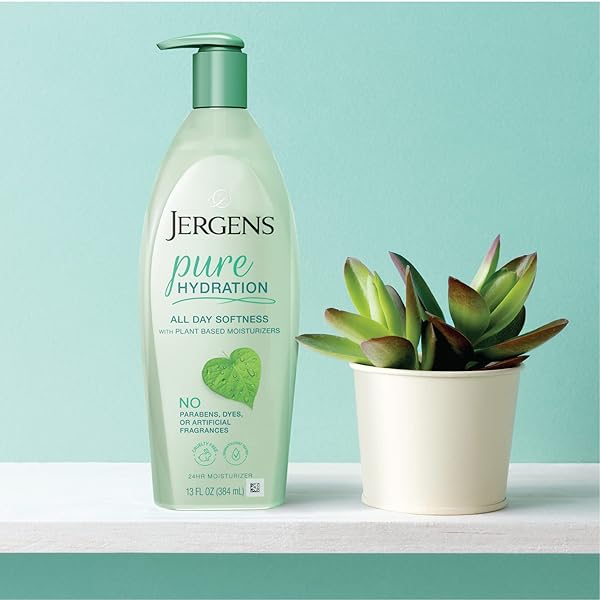 JERGENS PURE HYDRATION BODY LOTION, PLANT BASED MOISTURIZER HYDRATES DRY TO EXTRA DRY SKIN, PARABEN AND CRUELTY FREE, FRAGRANCE FREE FORMULA, 24HR HYDRATION, 13 OZ