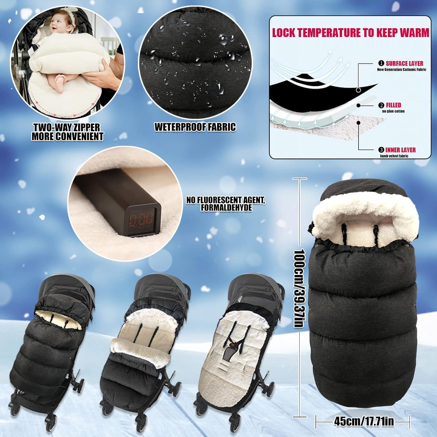 Waterproof Thickened Universal Stroller Blanket - Baby/Toddler Stroller Footmuff, Sleeping Bag & Bunting, Cold-Weather Winter Cover（Dark Grey）