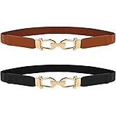 Women Stretchy Thin Waist Belt, Retro Elastic Skinny Belt with Gold Buckle for Ladies, Perfect for Dresses & Shirts, 2 Pack