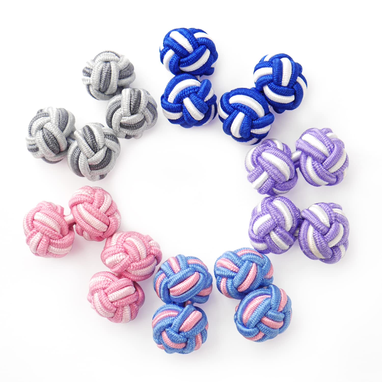 HONEY BEAR 5 Pairs Mens/Women Silk Fabric Knot Twisted Cufflinks Set, for Shirt/Dress Business Wedding,Round Shape with Box (Mix Blue Purple Pink without box)