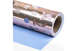 WRAPAHOLIC Reversible Birthday Wrapping Paper - Mini Roll - 17 Inch x 33 Feet - Adorable Dogs with Metallic Foil Shine and Solid Blue for Birthday, Party, Baby Shower