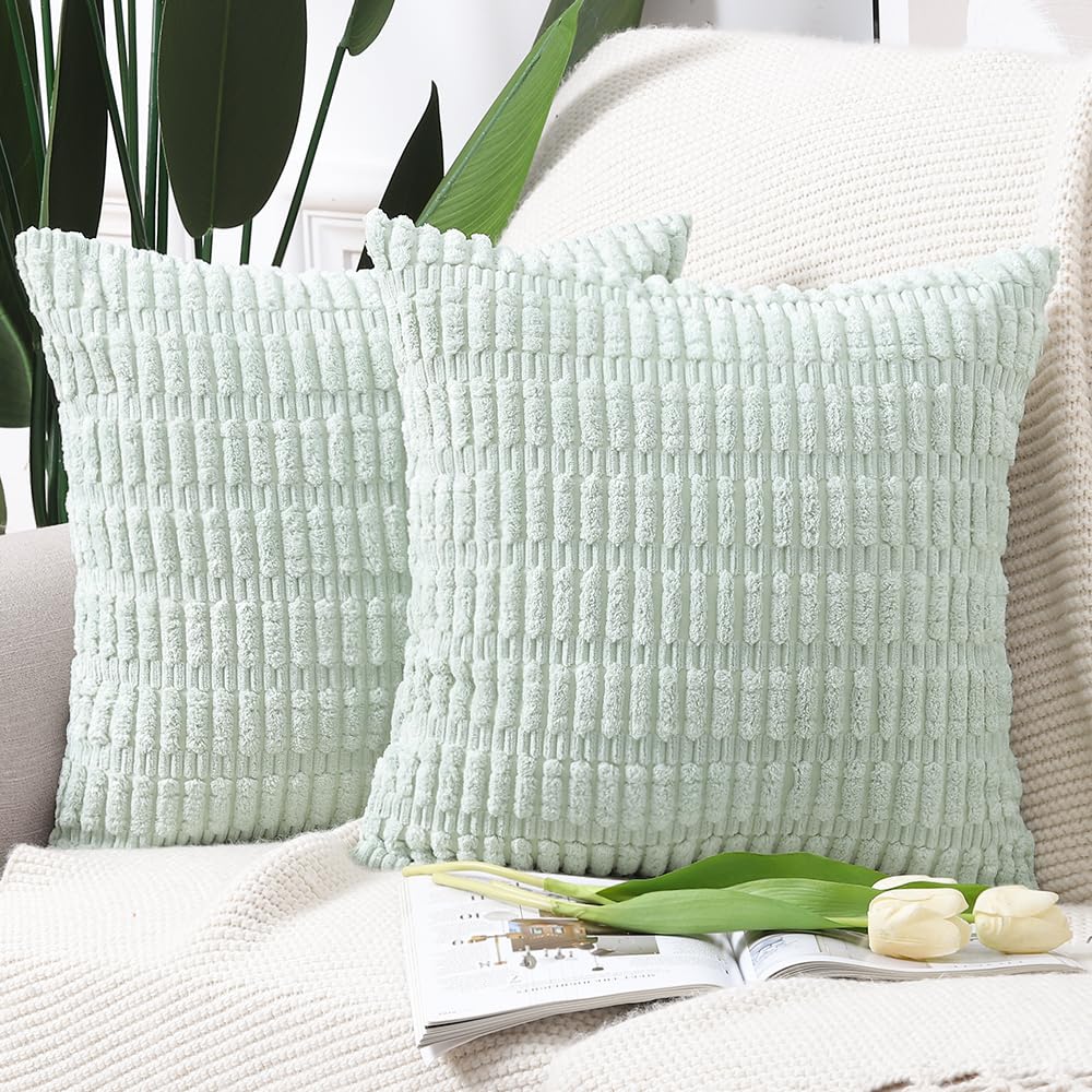 Madizz Pack of 2 Boho Striped Corduroy Throw Pillow Covers 18x18 inch, 45x45 cm, Light Green Soft Decorative Cushion Cover for Sofa Bedroom Pillow Shell โ image 1