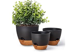 Gardrium Self Watering Planters 12/10/9 inch Plant Flower Pots Set of 3 Plastic with Drainage Hole for Indoor Outdoor Garden, Black with Brown Saucer