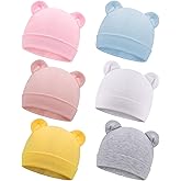 DRESHOW BQUBO 6 Pcs Newborn Baby Beanie with Bear Ears Cotton Hospital Hat Preemie Infant Caps for Baby Boy Girls 0-6 Months