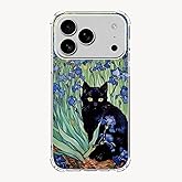 Van Gogh Flower Cat Art Phone Case Compatible with iPhone 17 Pro, Black Cat Blue Flower Girl Women Men Unique Soft TPU Bumper Cover Case for iPhone 17 Pro