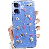 YUCHii for iPhone 16 Clear Case,Aesthetic Floral Phone Case with Pressed Real Flowers Design,Glitter Cute Floral Pattern Women's Phone Case Slim Soft TPU Protective Girl's Phone Cover for iPhone 16