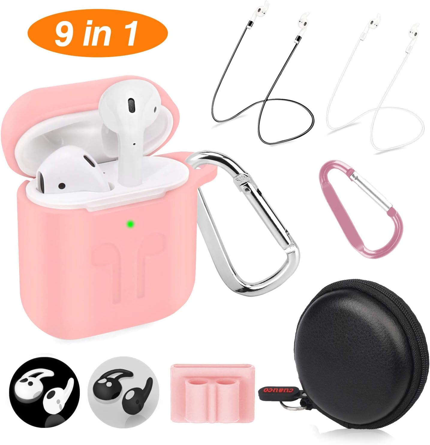 Cuauco 2020 Newest Airpods Case for Airpods 2&1 (Front LED Visible) with 2 Anti-Lost Strap/2 Pairs of Ear Hooks/2 Carabiner/1 Watch Band Holder/1 Headphone Case for Apple Airpods 2 &1(9 Pack)(Pink)