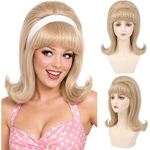 LONAI Retro Brown Wig 50s 60s 70s Wig with Bangs for Women Synthetic Hair for Halloween Costume Party-White Blonde