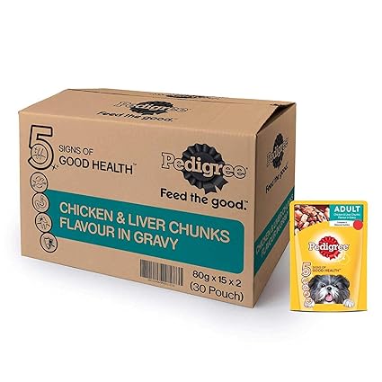 Pedigree Adult Wet Dog Food Chicken And Liver Chunks In Gravy 30 Pouches 30 X 80g
