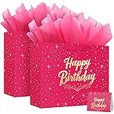 Large Happy Birthday Gift Bag with Tissue Paper and Greeting Card, 2PCS Pink Gift Bag for Men Women Birthday, Party, Medium size