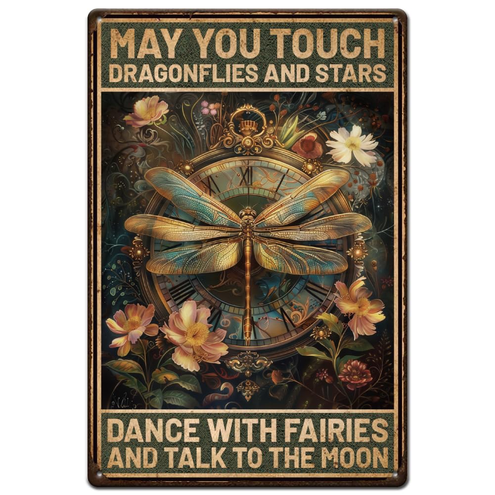 SUPERDANT Retro Metal Tin Sign Dragonfly Metal Posters Flora Metal Painting Decor May You Touch Dragonflies and Stars Dance with Fairies and Talk to the Moon Tin Decor Sign 20×30cm