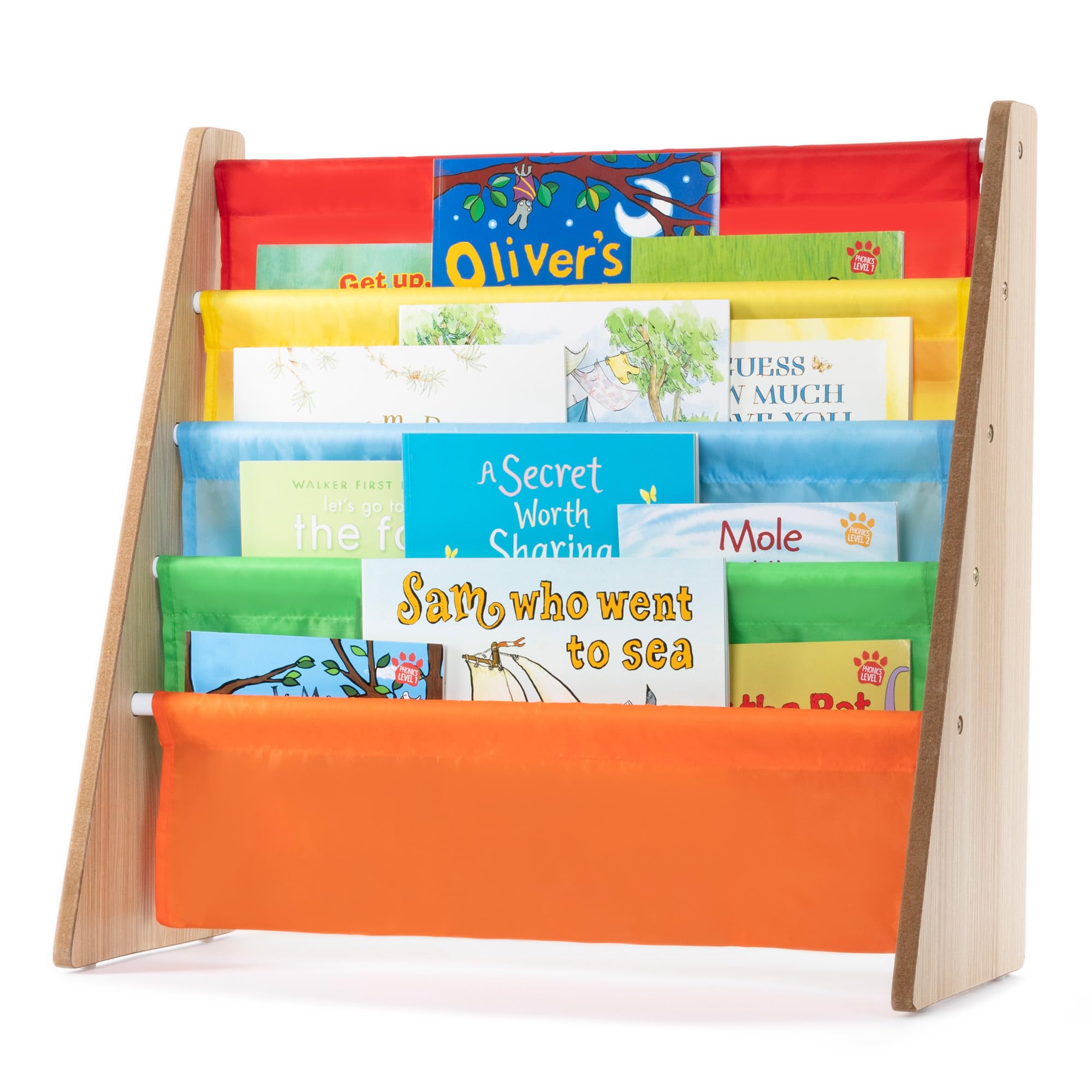 LIVIVO Colorful Kids Bookshelf - 4 Tier Children's Bookcase, Magazine and Book Storage Rack, Wooden Sling Book Organizer, Book Shelf for Kids Room, Bedroom, Nursery, Playroom (Multi-colour)