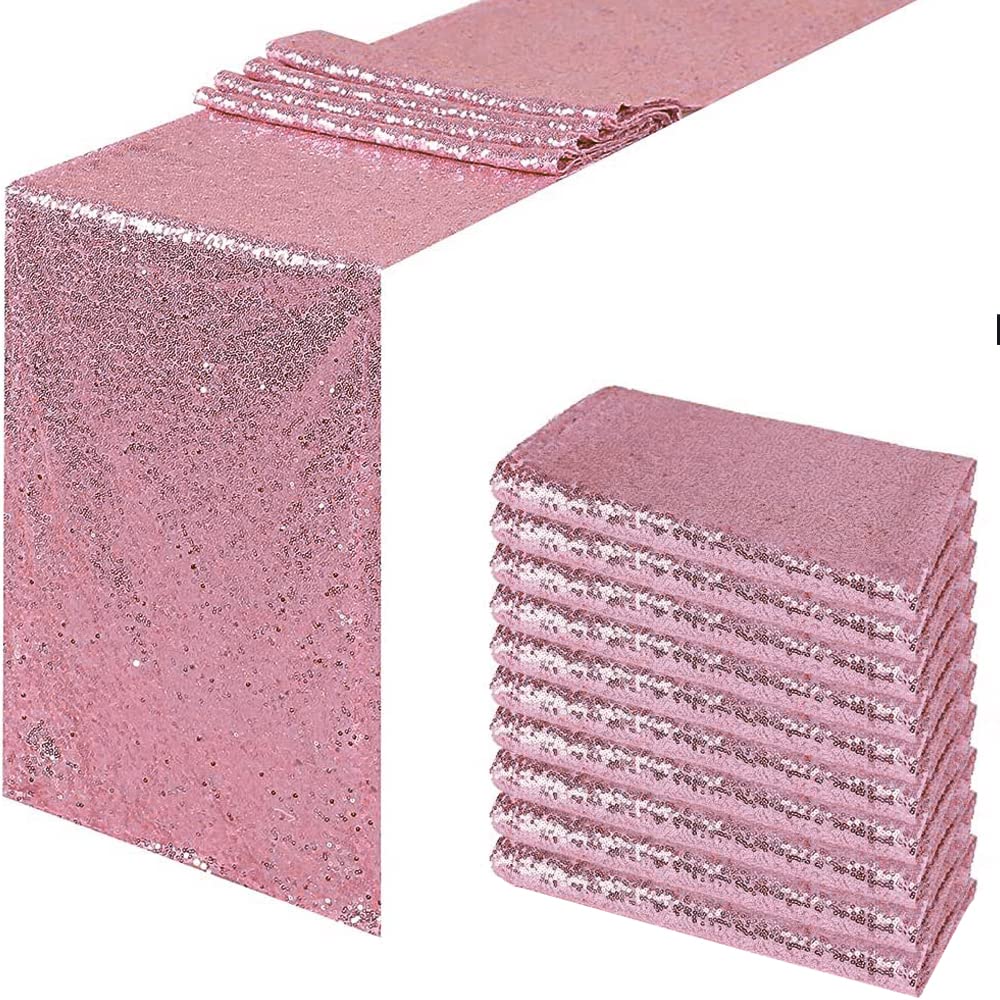 JYFLZQ Pink Sequin Table Runners 12" x 72" Pack of 10 Sparkly Metallic Table Runner Glitter Sequin Runner for Birthday Party Event Decorations Image