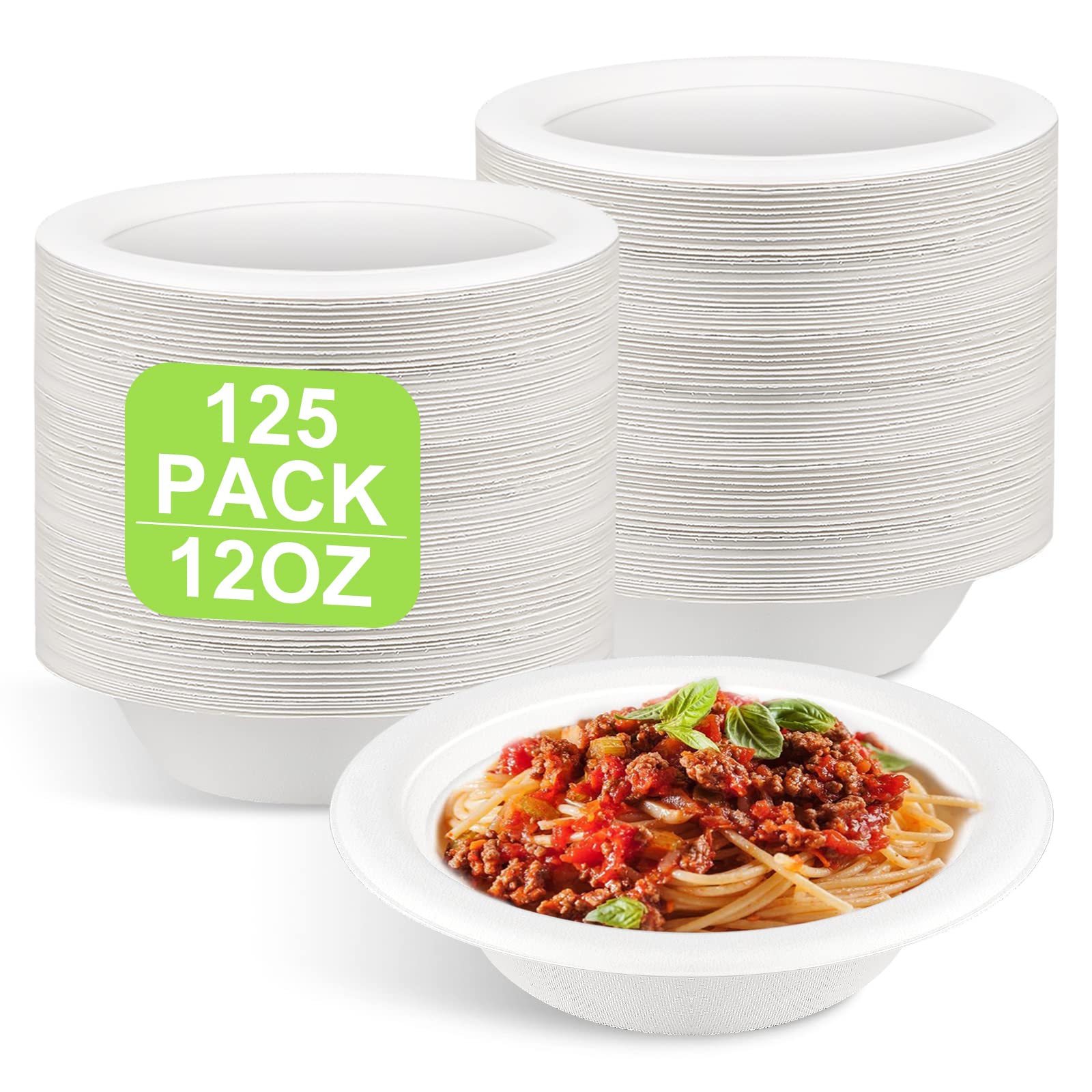GREENESAGE 125 Pack Paper Bowls Disposable Bowls 12oz - Eco-Friendly, Sugarcane Strong White Bowls Compostable Small Serving Soup Bowls for Christmas Party BBQ Picnic