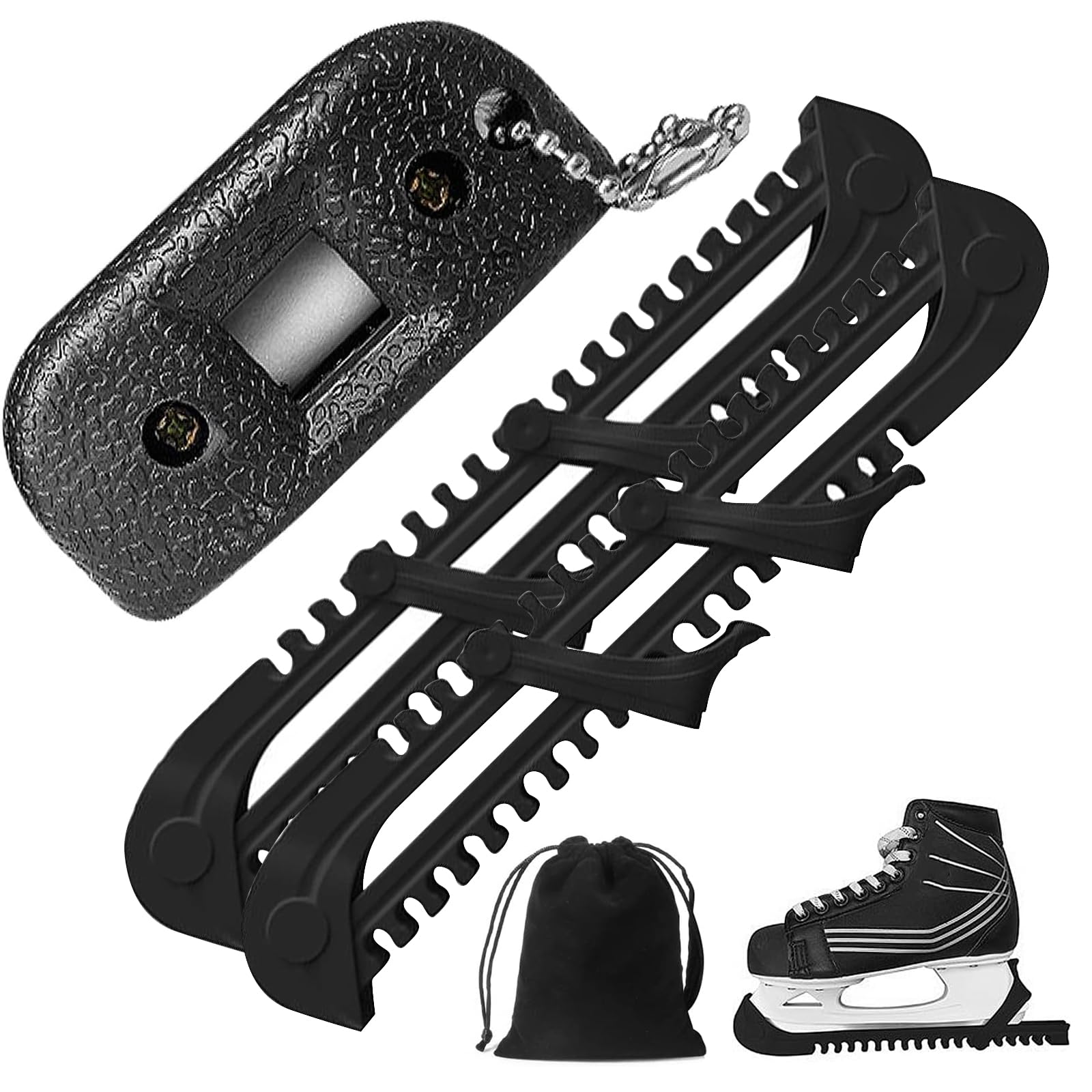 Newsmy 4 Pack Ice Skate Guards Black, 1 Pair Ice Skate Blade Covers, Ice Skate Sharpener with Velvet Bag, Ice Skating Accessories for Hockey and Figure Skating
