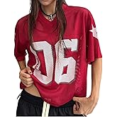 Y2k Jersey Shirts for Women Number Letter Graphic Mesh Oversized T Shirt Vintage V Neck Summer Football Tee Tops