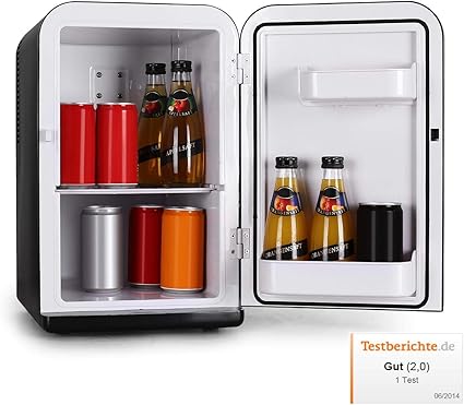 klarstein bella taverna mini nevera 15l peso ligero asa extensible y base multiples usos 1 estante extraible 2 compartimentos en la puerta