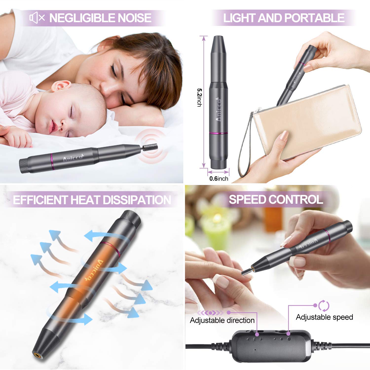 Acrylic Nail Drill Electric, Nail Drill File Portable USB Pen Manicure Pedicure Polishing 20000 RPM Adjustable Speed Gel Grinder Tools with 36Pcs Sanding Bands for Professional, Beginner: Beauty