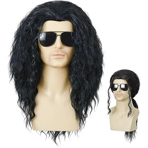 incohair Mens Long Curly black Wig, 70s 80s Rock Middle Part Wig for Cosplay, Costume, Halloween Party & Daily Use.21 inch
