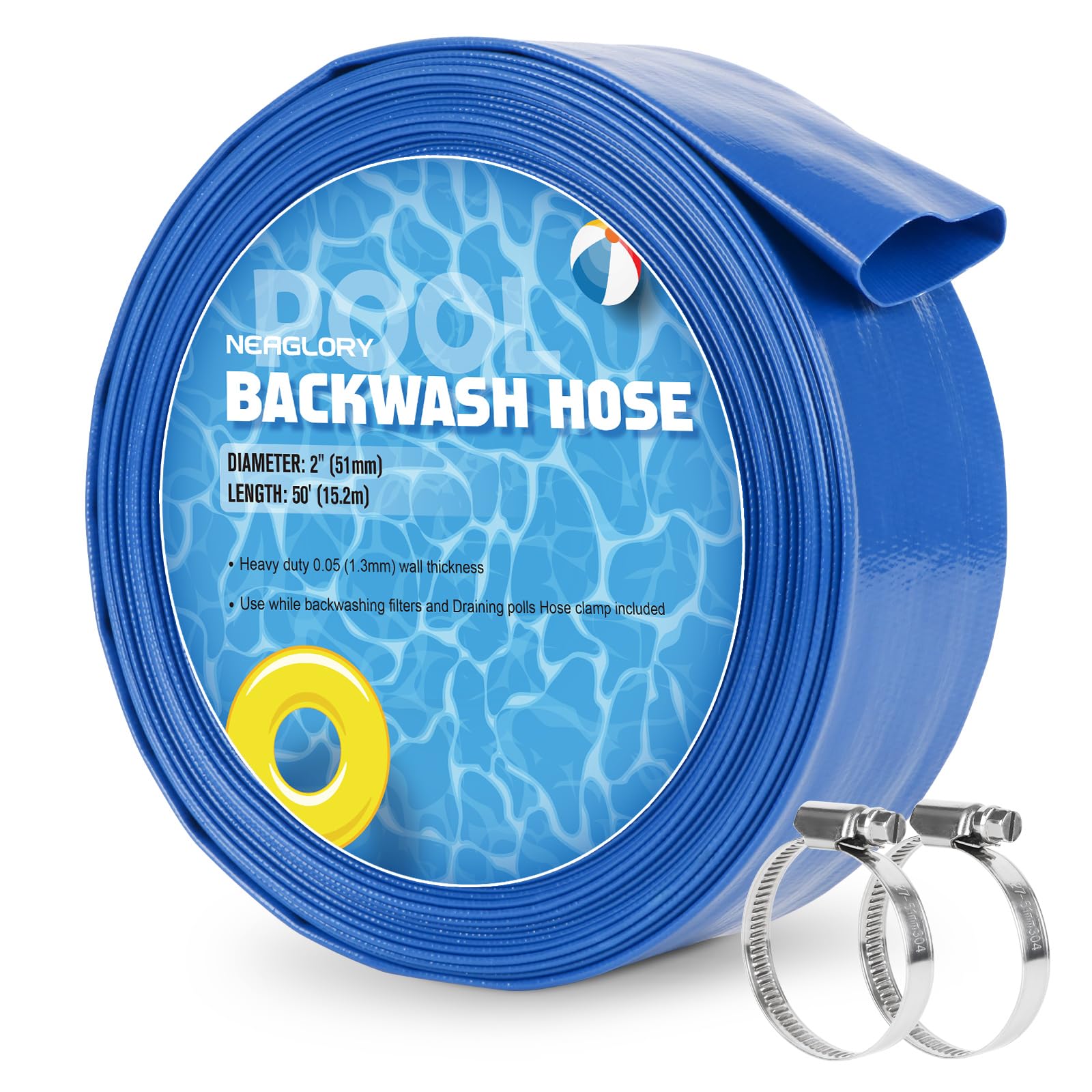 Photo 1 of NEAGLORY 2" x 50 FT Pool Backwash Hose, Heavy Duty Flat Sump Pump Hose, Reinforced Discharge Hose with Clamp, Weather and Burst Resistant, Drain Clean Swimming Pools and Filters for Inground Pools