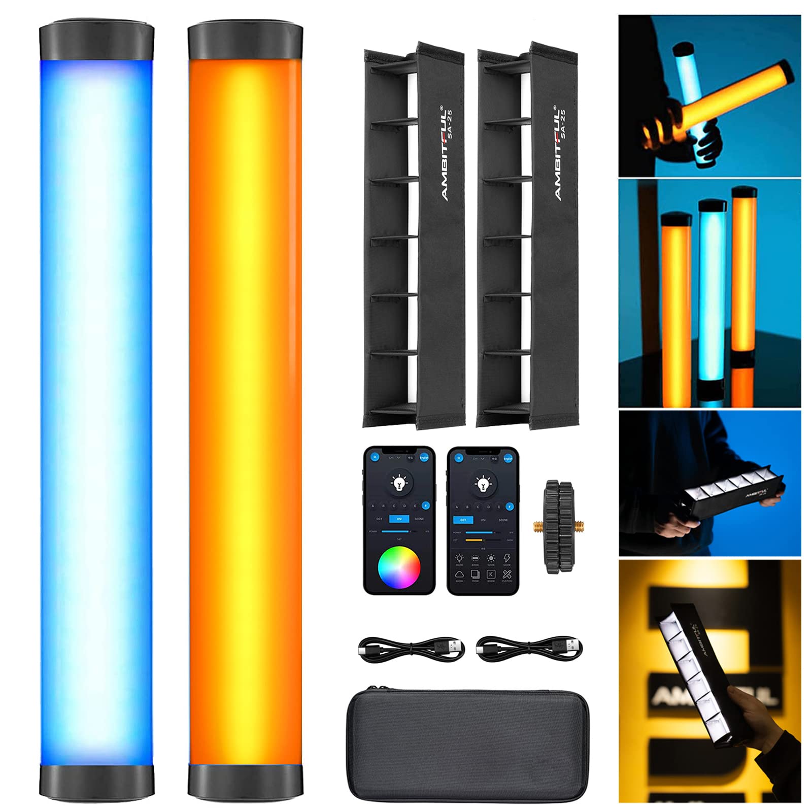 AMBITFUL A2 Full-Color RGB Tube Light, CRI 95 TLCI 97 Accurate Color,2500k-8500K Adjustable,RGB CCT HSI Mode, 29 Fx Light Effect,APP Control Support, Magnet Design (A2-K2)