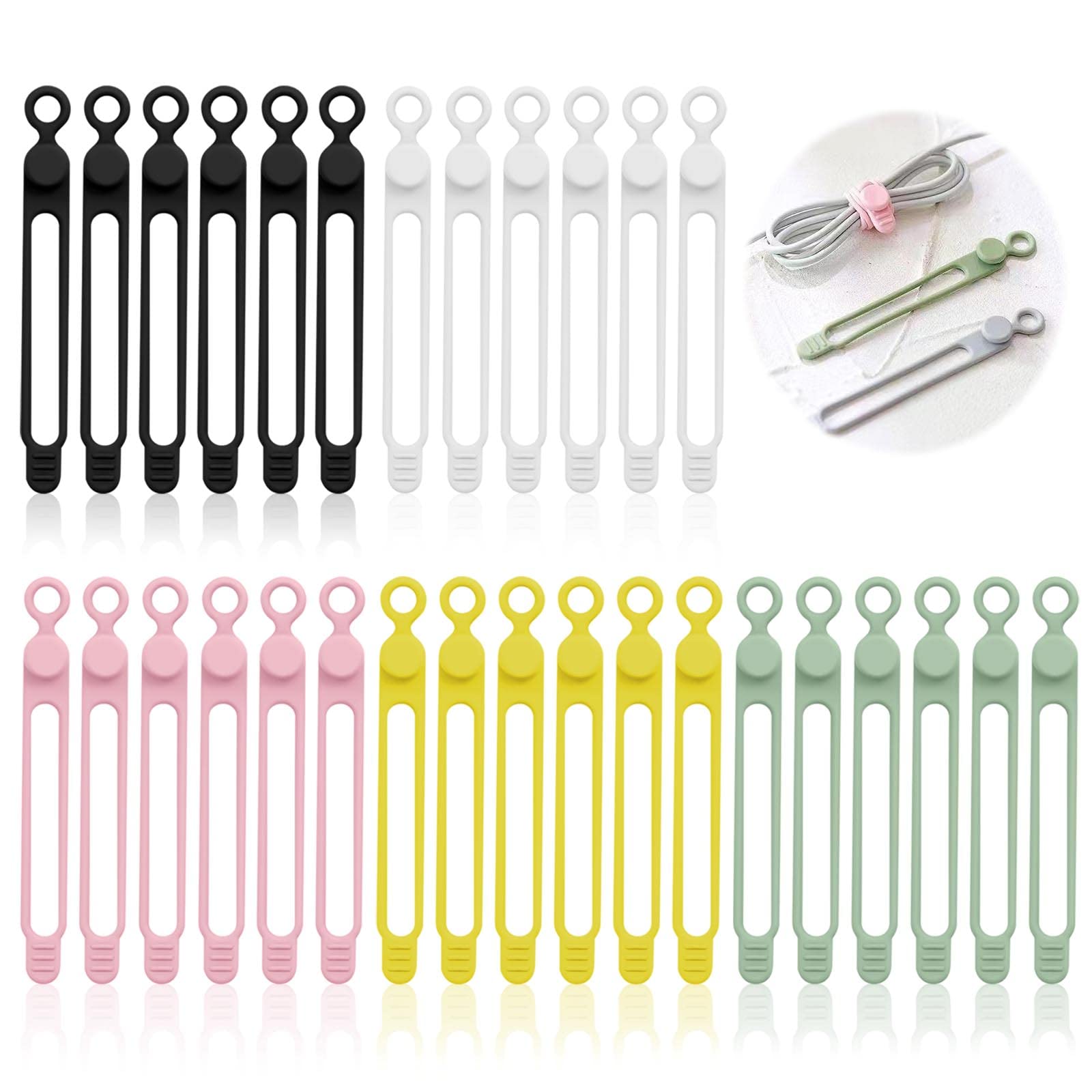 AWAVM 30PCS Silicone Cable Ties, Data Cable Storage, Flexible Cable Winder, Multi-Purpose Silicone Cable Strap, Reusable, Earphone Cable, Charging Cable, Network Cable (Multi Color)