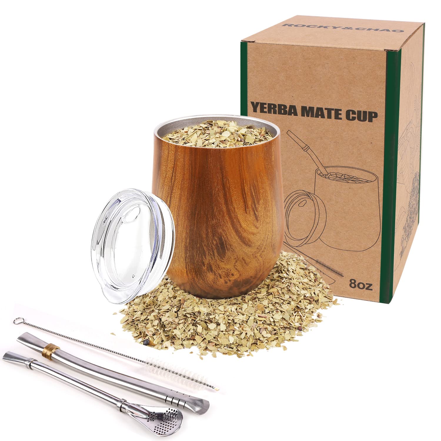 8Oz Stainless Steel Yerba Mate Gourd Set - Double-Walled Mate Cup with 2 Bombilla Straws, Cleaning Brush, BPA-Free Lid, Perfect for Hot & Cold Drinks — image 1