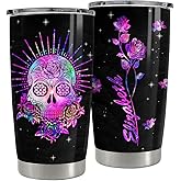 SANDJEST Personalized Skull Tumbler Hologram Flower 20oz 30oz Tumblers with Lid Gift for Women Men Friends Skull Lovers Christmas Birthday