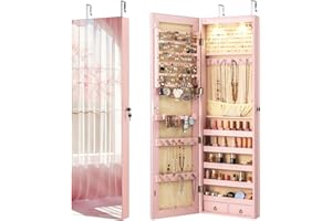 Giantex Wall Door Mounted Jewelry Armoire Cabinet with 47.5" H Full Length Mirror, 2 LEDs Lockable Jewelry Organizer Box with