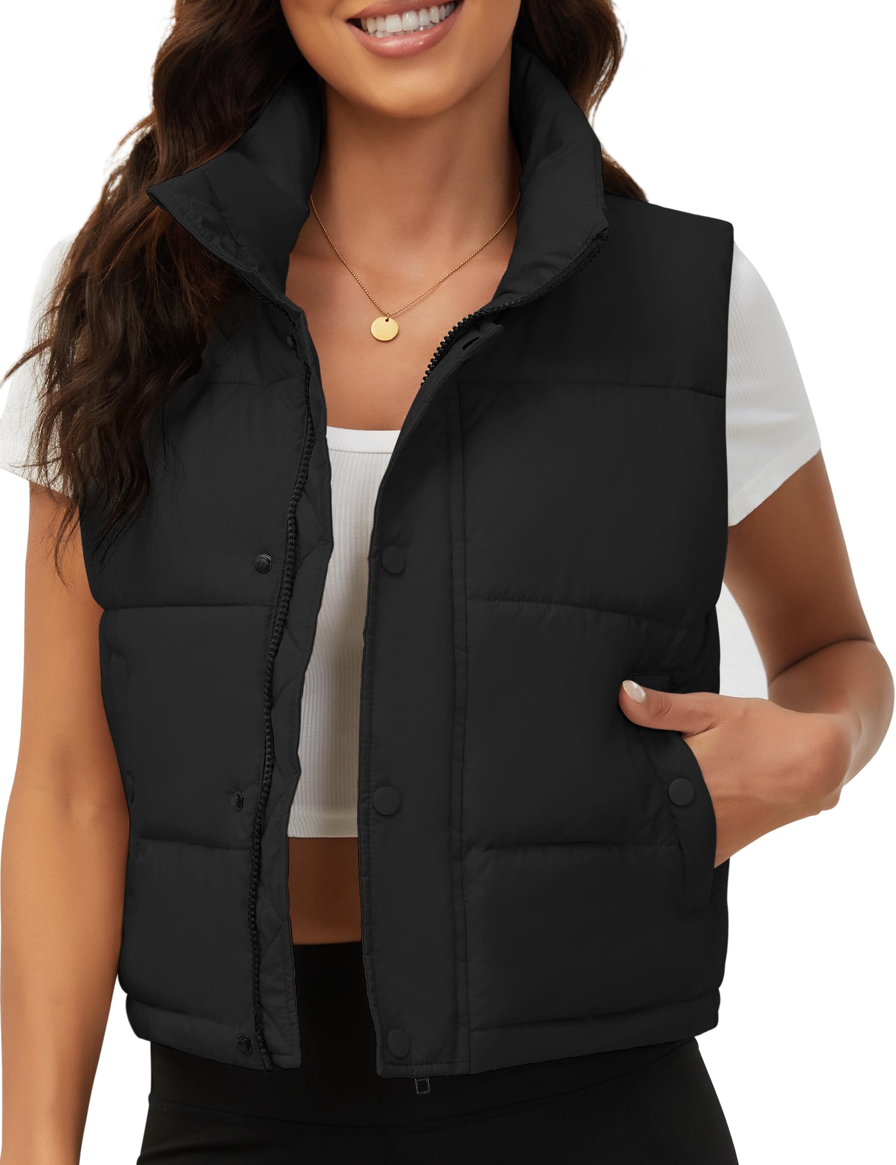 Photo 1 of **SEE CLERK NOTES*** Fengbay Womens Puffer Vest Sleeveless Zip Up Puffy Cropped Vests Stand Collar Lightweight Bubble Quilted Vests for Women Trendy 2025 Fall Winter Black S