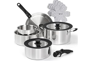 Michelangelo 14pcs Tri-Ply Stainless Steel Cookware Set with Detachable Handle, Induction Kitchen Cookware Set, Oven Safe Pot