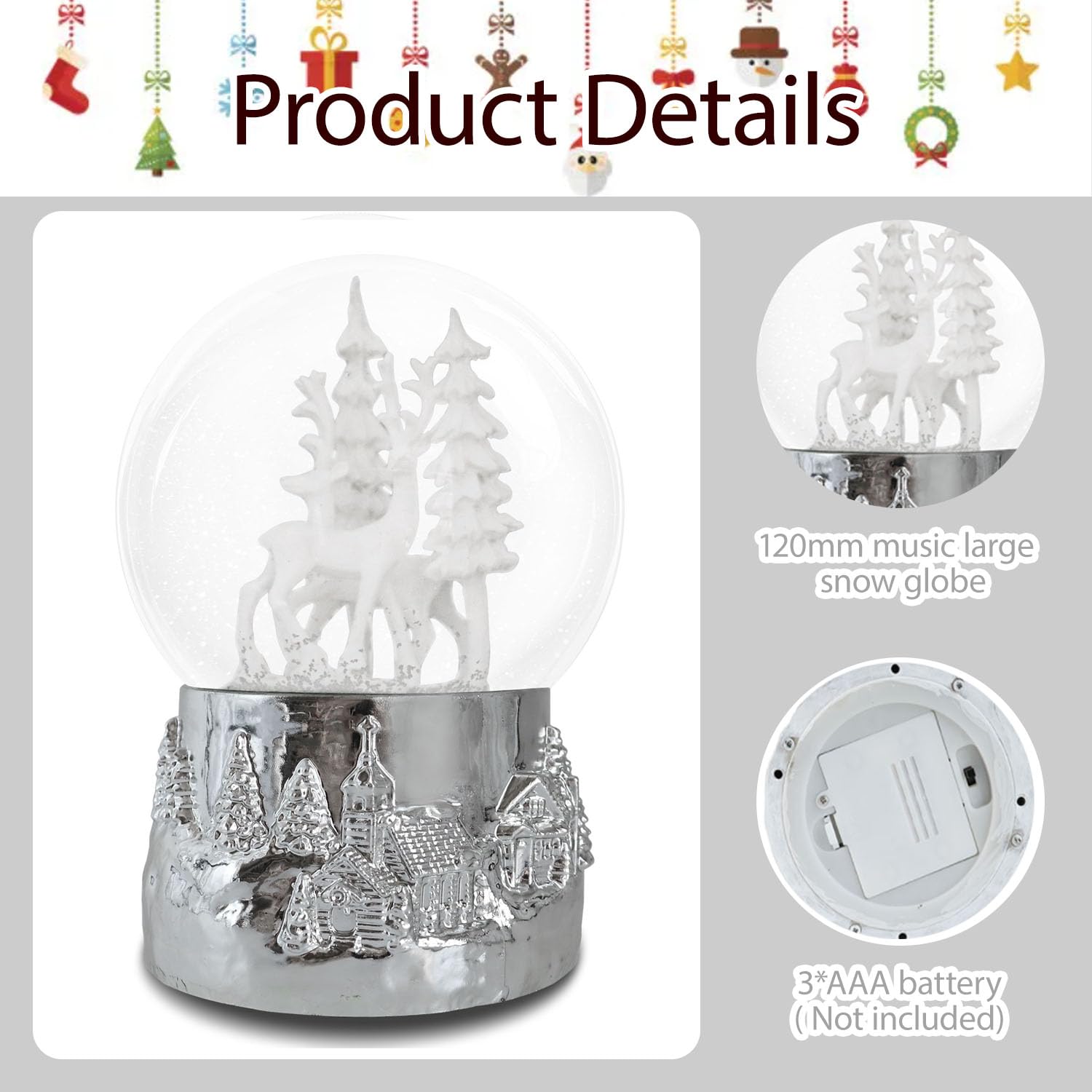 Hpoeude Winter White Deer Musical Christmas Snow Globe LED Light Up, 6.7Inch Height Water Globe, Festive Christmas Decor, Ideal Gift for Women and Adult.