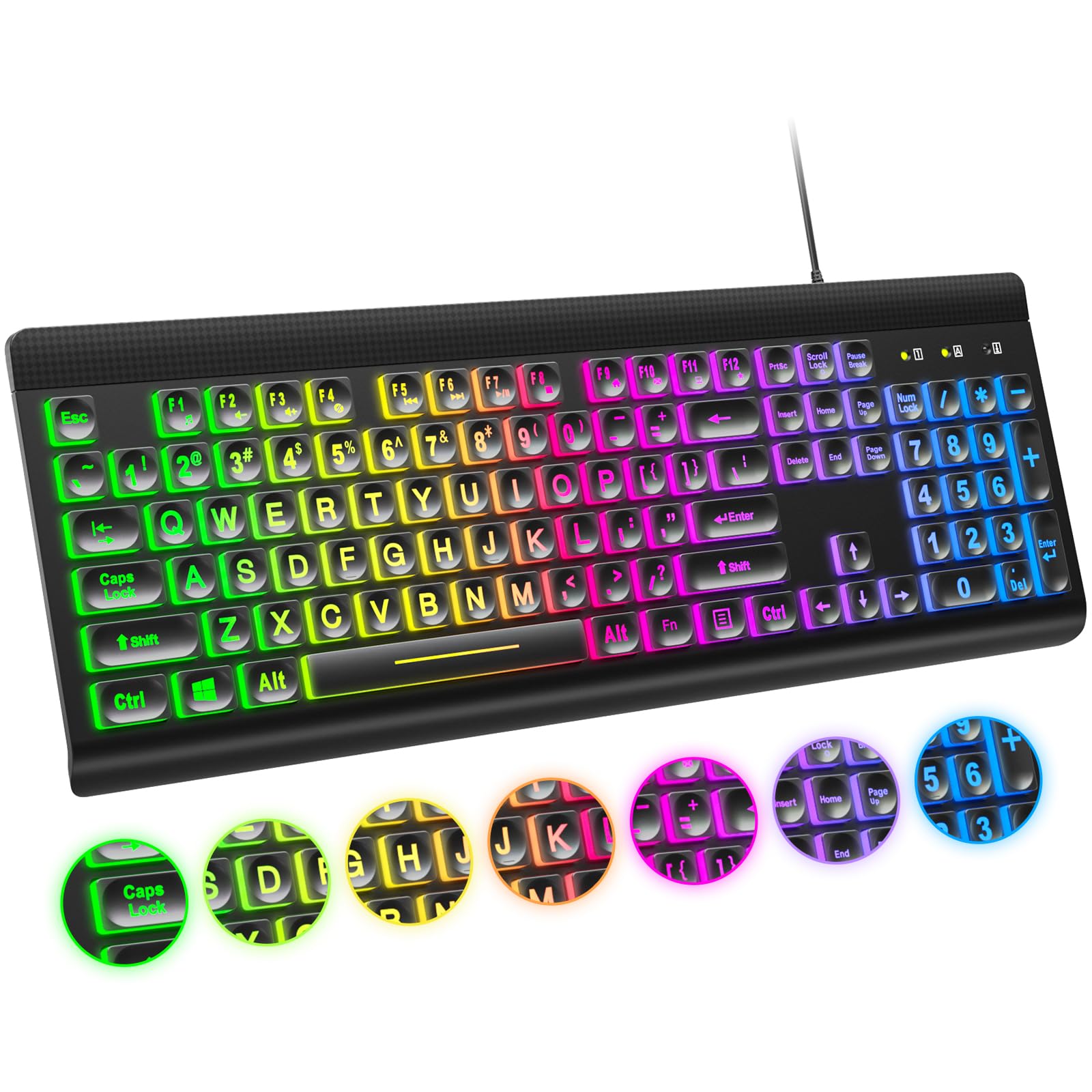 Large Print Backlit Keyboard USB Wired Full Size Rainbow LED PC