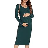 WANTROY Maternity Dress Long Sleeve V Neck Knit Stretchable Sweater Dresses Pregnancy Clothes for Photoshoot Baby Shower