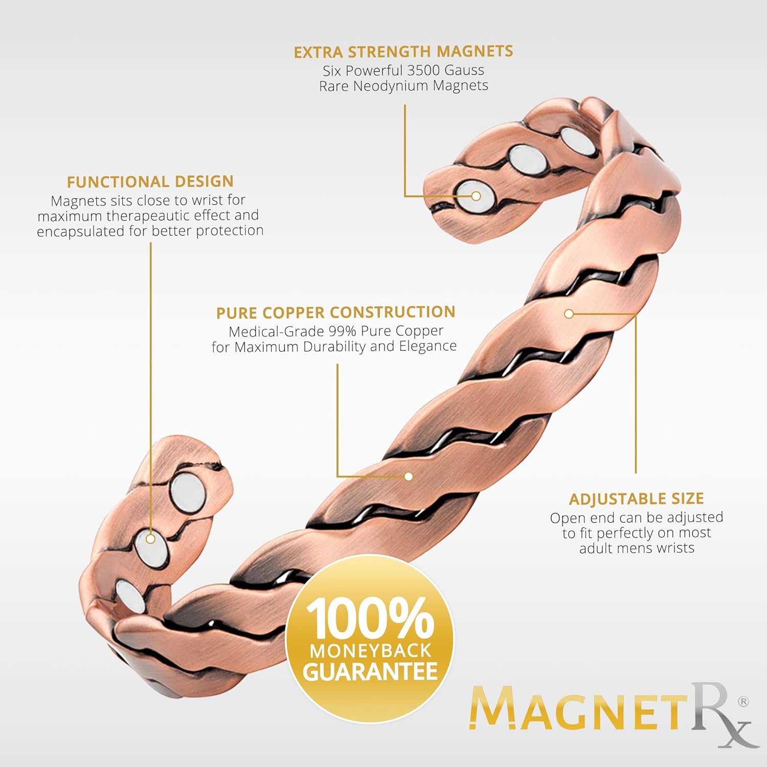 MagnetRX® Pure Copper Magnetic Bracelet - Arthritis Pain Relief & Carpal Tunnel Magnetic Therapy Copper Bracelets for Men - Adjustable Cuff + Gift Box (Copper | Medium - Large): Health & Personal Care